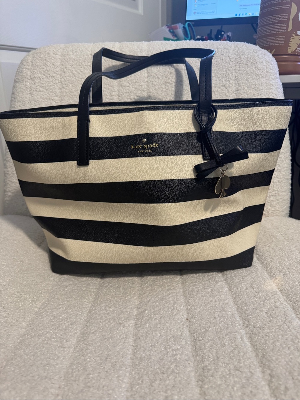 kate spade Black and White Striped Tote with Charm